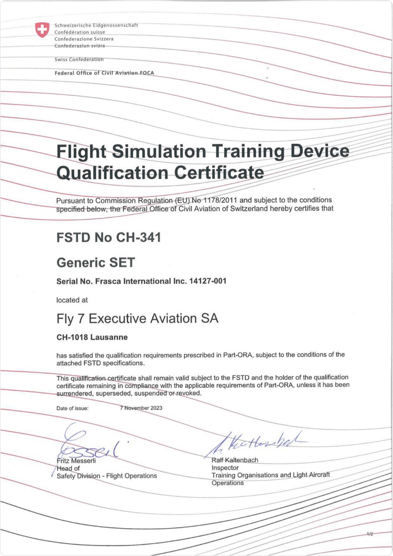 Certificat de qualification d’un dispositif d’entraînement à la simulation de vol