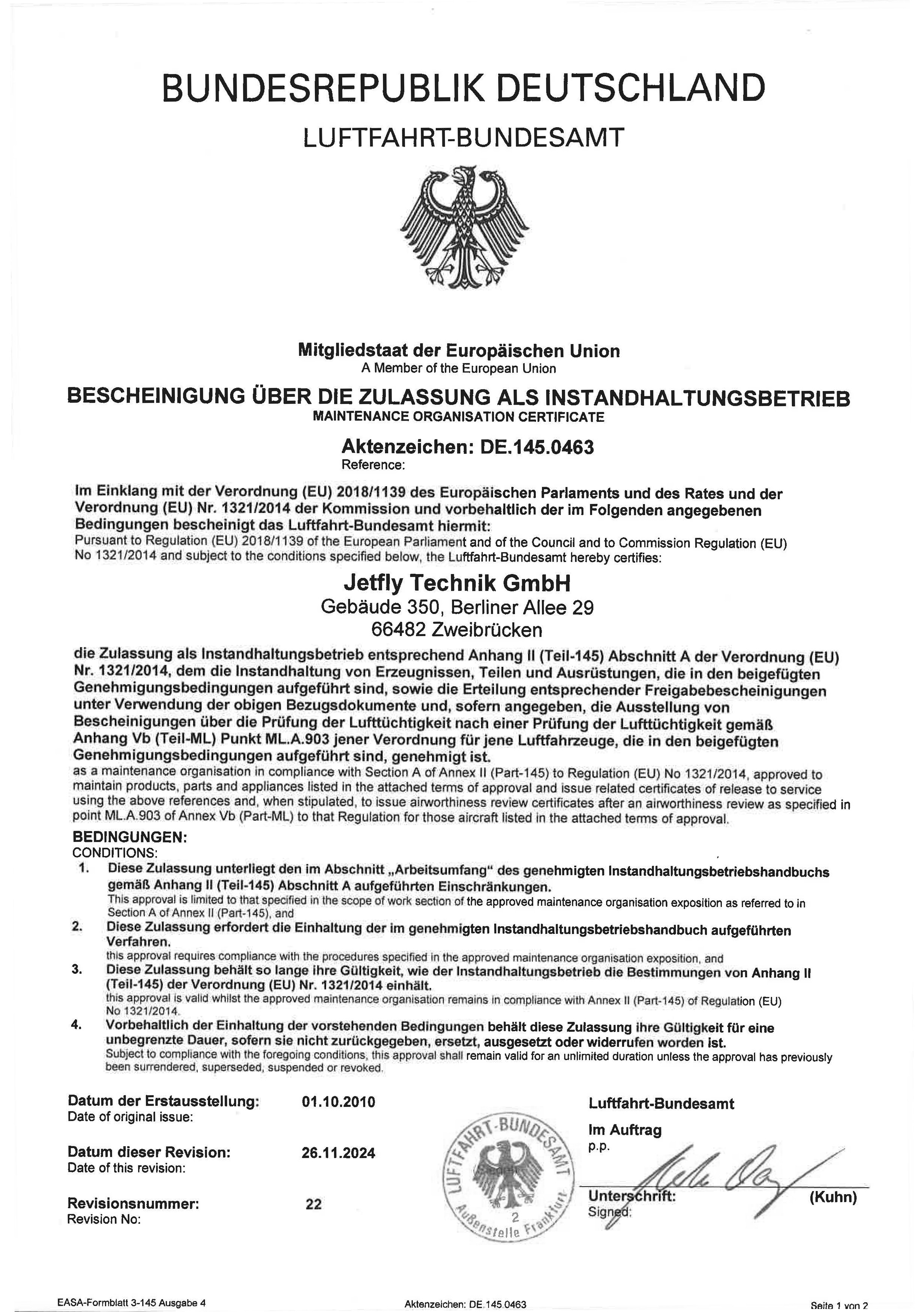 Certificat d’approbation d’organisme de maintenance en Allemagne