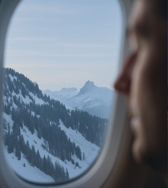 Vue de montagnes enneigées depuis le hublot d’un avion