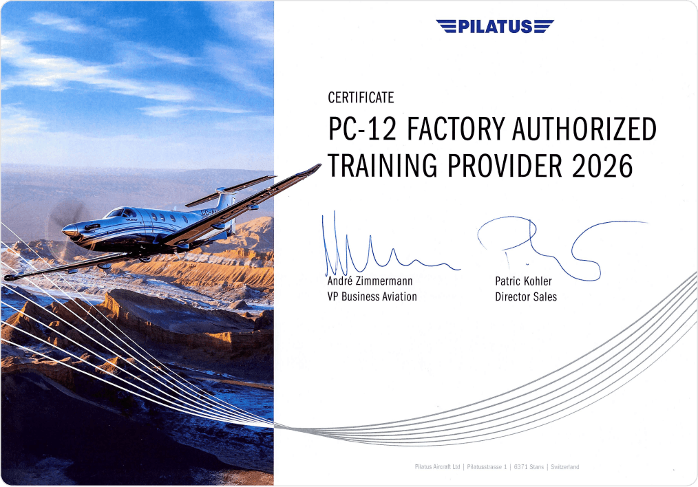 Certificat 2026 de prestataire de formation agréé par l’usine Pilatus PC-12