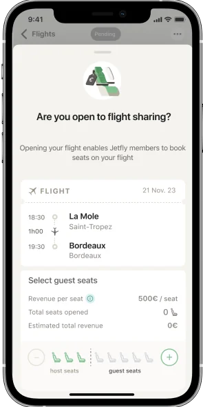 Smartphone showing the Jetfly owner mobile app